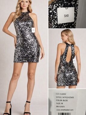NWT Tadashi Shoji Halter sequin Dress Silver Black Size M